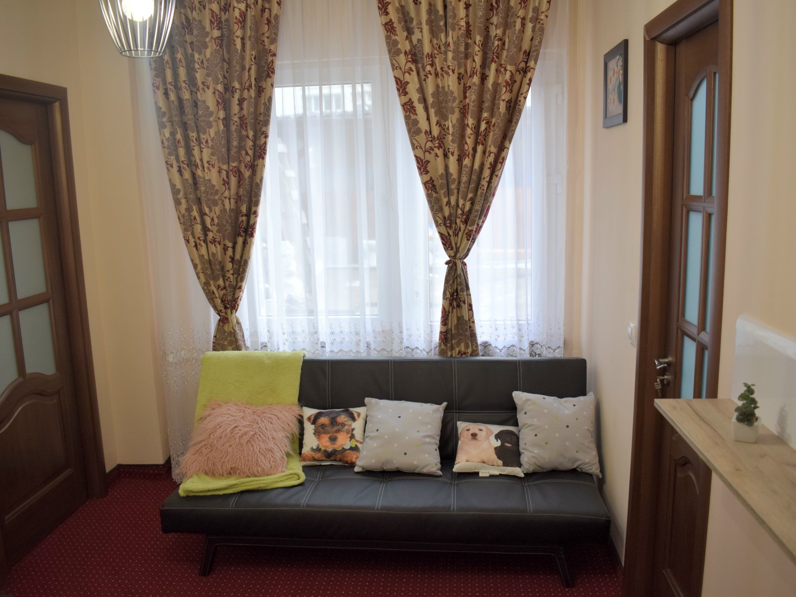 Spacious living room with white sofa